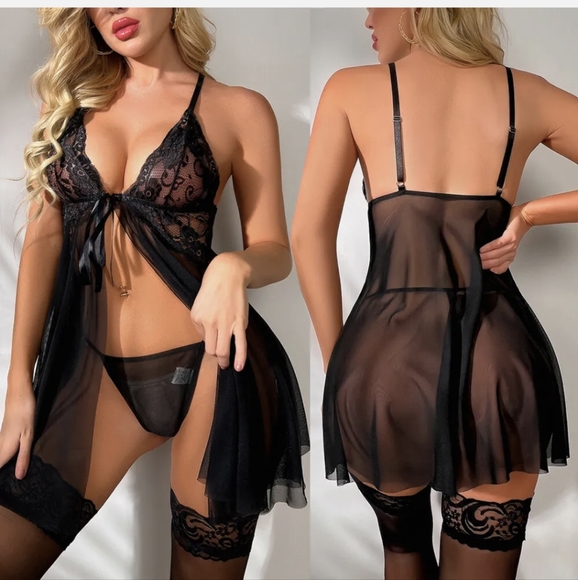 Lingerie for Women Front Front Babydoll Lace Chemise Sleepwear With Stockings - Picture 7 of 8